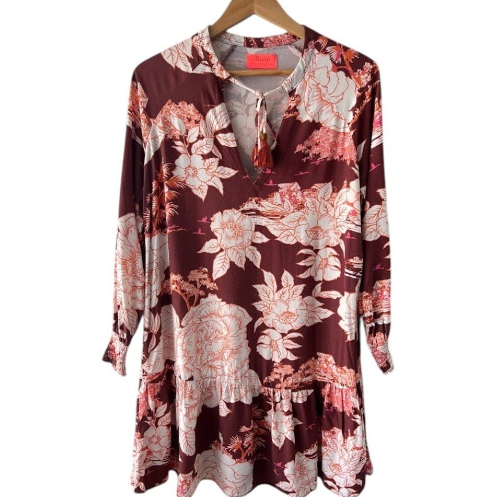 Maaji Floral Toile Mini‎ Dress Burgundy Orange Tassel Long Sleeve Womens Large